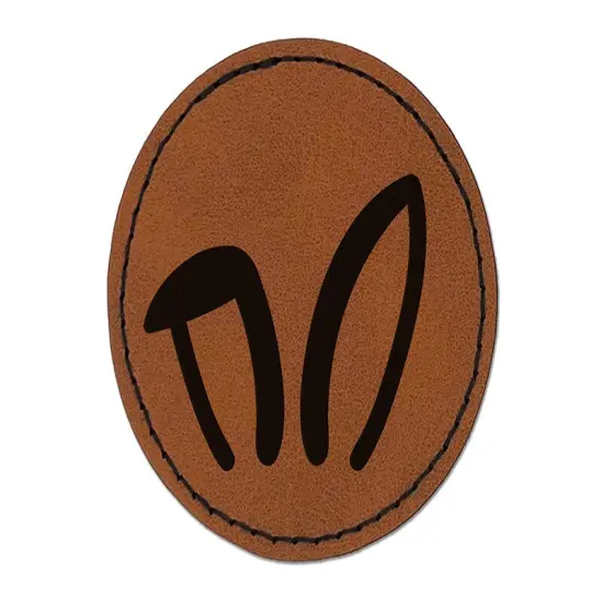 Easter Bunny Ears Round Iron-On Engraved Faux Leather Patch Applique - 2.5" Brown {1}