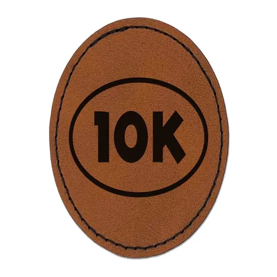 10k Euro Oval Race Running Runner Round Iron-On Engraved Faux Leather Patch Applique - 2.5" Brown {1}