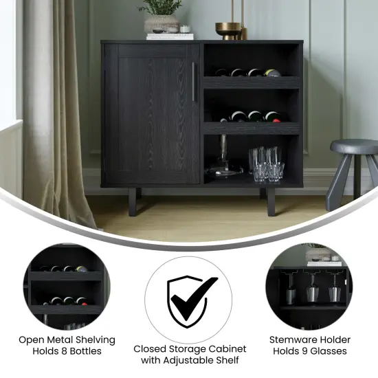 Merrick Lane Aloise Bar and Sideboard with Storage Cabinet, Hanging Stemware Holders and Bottle Storage Black {4}
