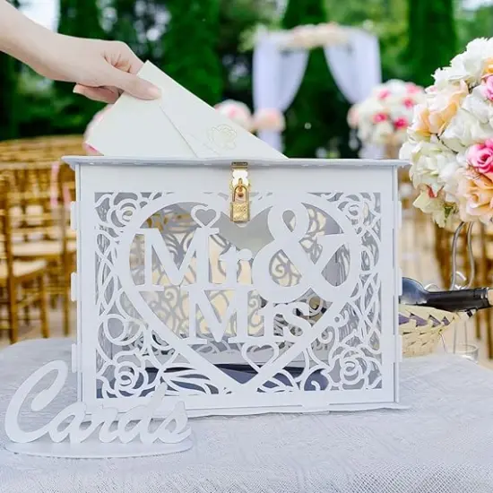 White Wedding Card Box with Mr & Mrs Sign Wooden Card Box with Lock Wedding Box for Cards and Money Gift Box for Reception {2}
