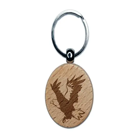 Patriotic American Bald Eagle Flying Engraved Wood Round Keychain Tag Charm {1}