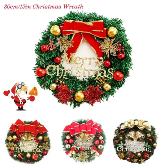 12-Inch Christmas Wreath Wall Hanging with Tree Garland and Bell Decor {4}