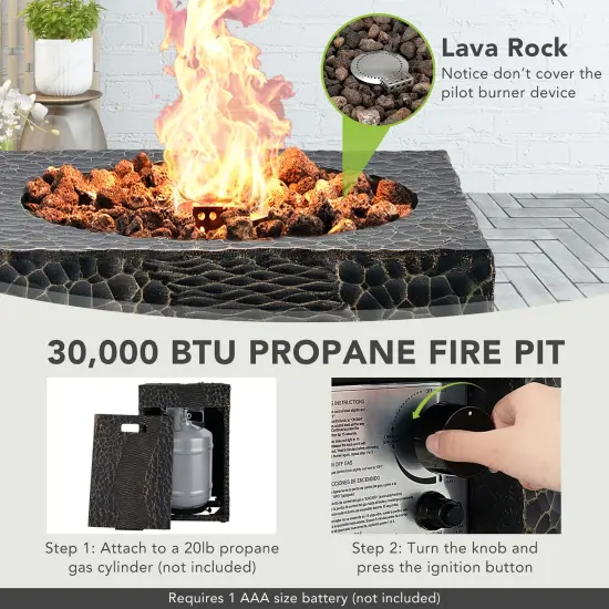 16 Feet Square Outdoor Propane Fire Pit with Lava Rocks Waterproof Cover 30 000 BTU Black {3}