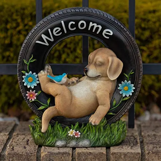 Welcome Puppy Dog Solar Powered LED Outdoor Decor Garden Light Outdoor Decor Garden Light Welcome Chillax Puppy Statues Outdoor Funny Figurine Decor for Outside Patio, Yard, Lawn {5}