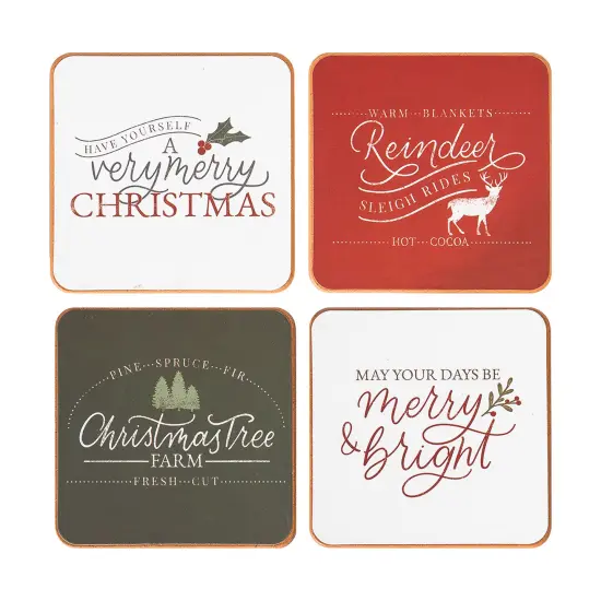 Tis The Season Sentiment Christmas Holiday Square Coasters in Red White and Green Backgrounds Set of 4 {1}