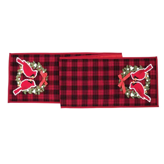 Christmas Holiday Red Cardinal w/ Wreath Red & Black Plaid Cotton Table Runner 13" x 72" {1}