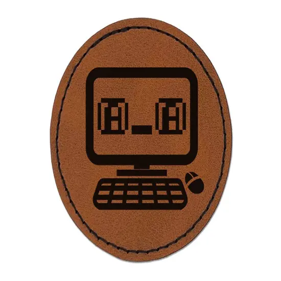 Excited Teary Eyed Kawaii Computer Face Emoticon Round Iron-On Engraved Faux Leather Patch Applique - 2.5" Brown {1}