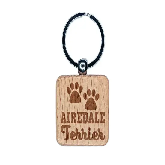 Airedale Terrier Dog Paw Prints Fun Text Engraved Wood Square Keychain Tag Charm {1}