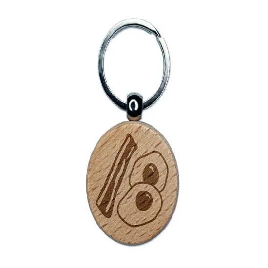 Bacon and Eggs Breakfast Engraved Wood Round Keychain Tag Charm {1}