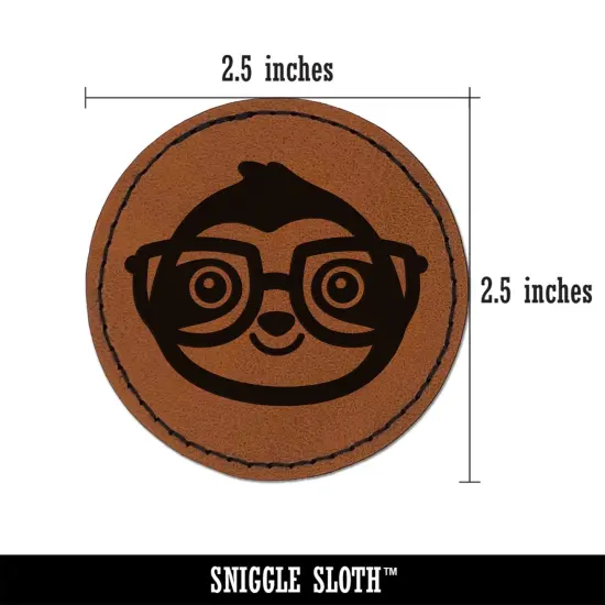 Sloth Smart with Glasses Round Iron-On Engraved Faux Leather Patch Applique - 2.5" Brown {3}