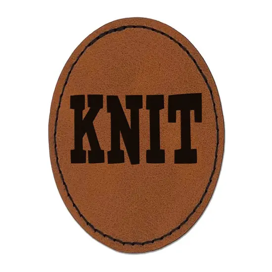 Knit Fun Text Round Iron-On Engraved Faux Leather Patch Applique - 2.5" Brown {1}