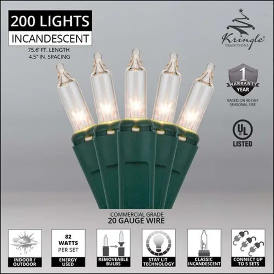 82w Commercial 200 Clear Mini Lights Lamp Lock Green Wire 4.5-in Spacing {3}