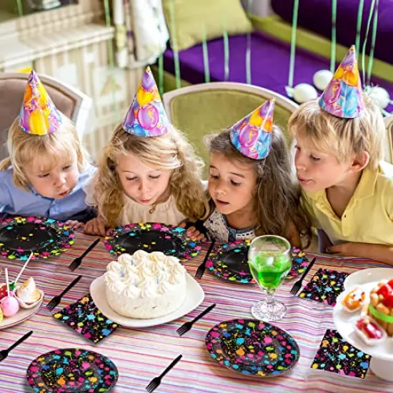 96&nbsp;Pieces Party Supplies for 24 Guests Glow Party Plates Napkins Tableware Neon Glow Birthday Colorful Graffiti Party Decoration Favor， {4}