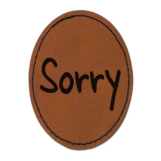 Sorry Text Round Iron-On Engraved Faux Leather Patch Applique - 2.5" Brown {1}