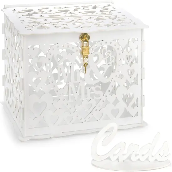 White Wedding Card Box with Mr & Mrs Sign Wooden Card Box with Lock Wedding Box for Cards and Money Gift Box for Reception {1}