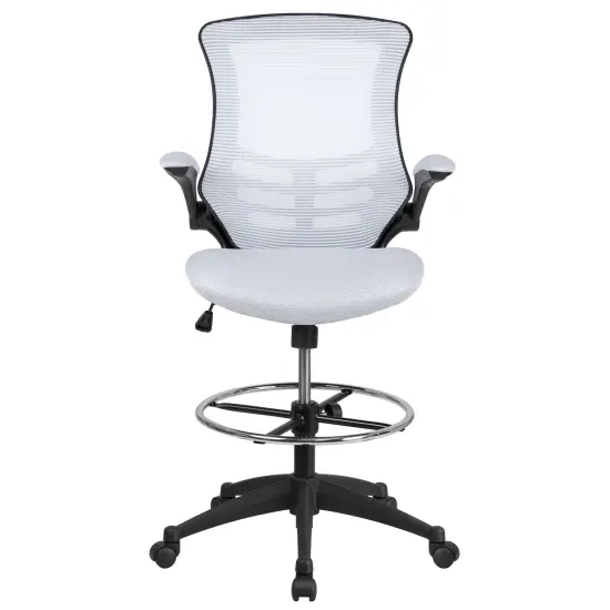 Emma and Oliver Mid-Back Mesh Ergonomic Drafting Chair with Foot Ring and Flip-Up Arms WhiteMesh/BlackFrame {3}