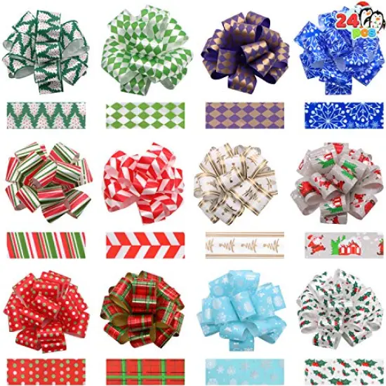 JOYIN 24 Christmas Gift Wrap Ribbon Pull Bows 5", Easy and Fast Gift Wrapping Accessory for Christmas Bows Baskets Wine Bottles Gifts Decoration, Gift Wrapping, Present Decor {1}