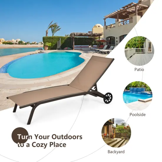 Adjustable Outdoor Chaise Lounge Chair with Wheels &ndash; Steel Frame, Breathable Fabric Brown {3}