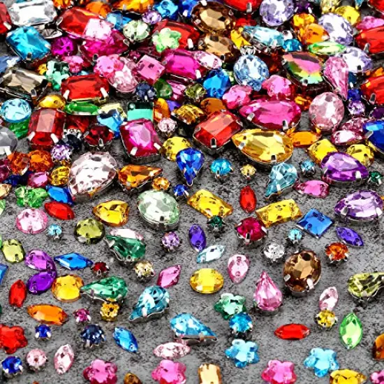 320 Pieces Sew on Rhinestone Glass Crystals Acrylic Gems with Hole Silver Prong Setting Flatback Claw Mix Shape Mix Size for DIY Crafts Dress Clothes Shoes Bag Decorations {2}