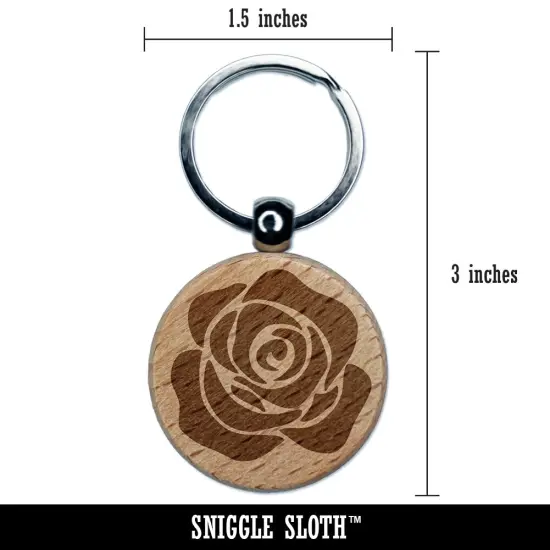 Rose Flower Solid Engraved Wood Round Keychain Tag Charm {2}