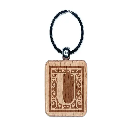 Monogram Swirls Capital Letter U Engraved Wood Square Keychain Tag Charm {1}