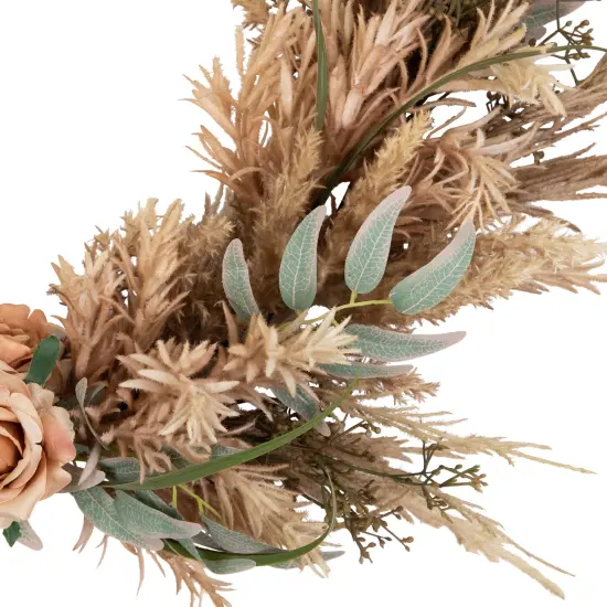 Northlight Fall Harvest Pale Rose and Thistle with Foliage Artificial Wreath, 24-Inch, Unlit Beige {6}
