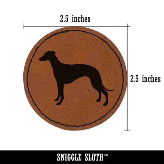 Whippet Dog Solid Round Iron-On Engraved Faux Leather Patch Applique - 2.5" Brown {3}