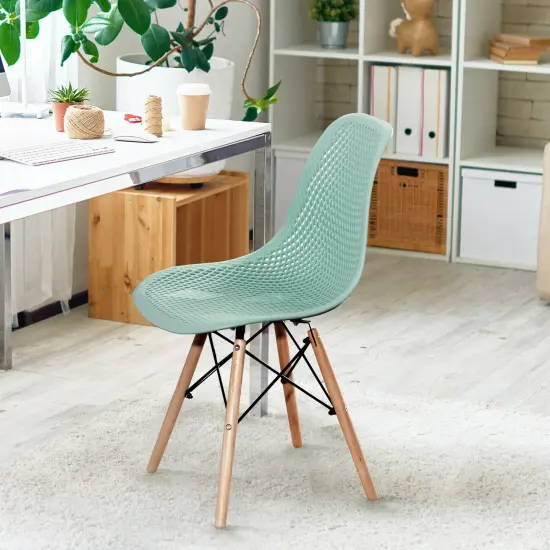 4 Pieces Modern Plastic Hollow Chair Set with Wood Leg Green {2}