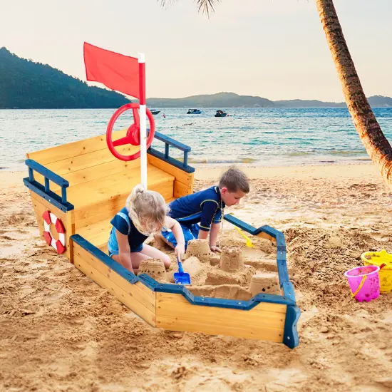 Kids Pirate Boat Wooden Sandbox Children Outdoor Playset {6}