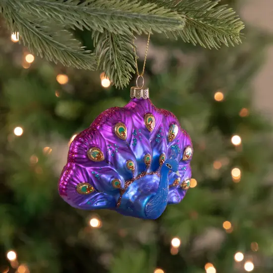 Northlight Sitting Glittered Peacock Glass Christmas Ornament - 4.25" - Purple {3}