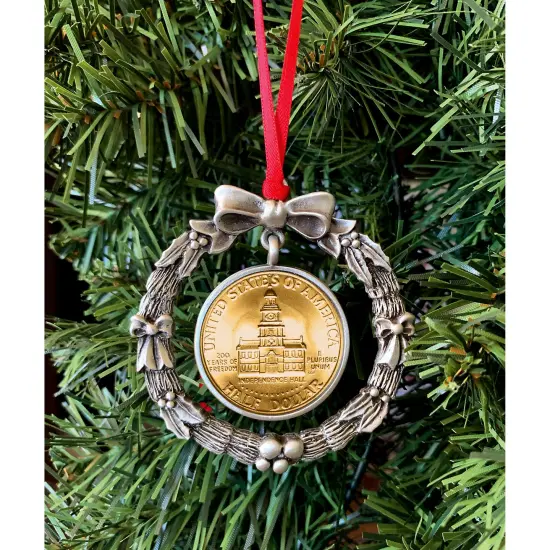 Gold Plated Bicentennial JFK Half Dollar Wreath Ornament  {2}
