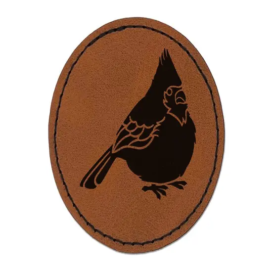 Puffy Cardinal Bird Round Iron-On Engraved Faux Leather Patch Applique - 2.5" Brown {1}