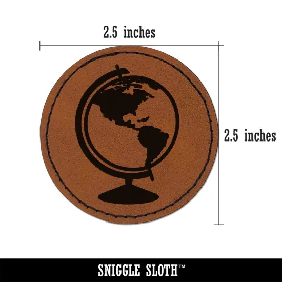 Explorer World Globe of Planet Earth Round Iron-On Engraved Faux Leather Patch Applique - 2.5" Brown {3}