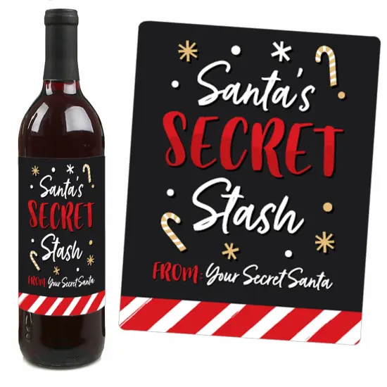 Big Dot of Happiness Secret Santa - Christmas Gift Exchange Party Decorations for Women and Men - Wine Bottle Label Stickers - Set of 4 {4}