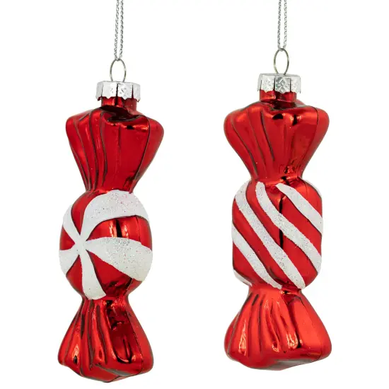 Northlight Set of 2 Shiny Red and White Glittered Candy Christmas Glass Ornaments 4" {5}