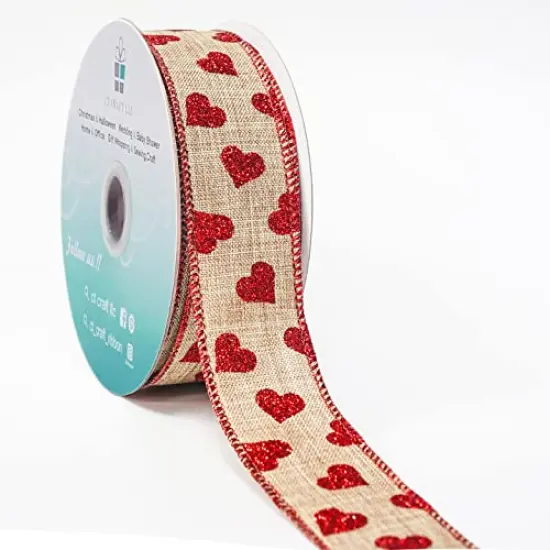 1.5" x 20 Yards x 1 Roll Faux Jute with Red Glitter Heart Wired Ribbon for Home Decor, Gift Wrapping, DIY Crafts {2}