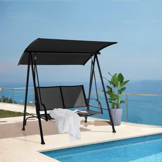 2-Seat Outdoor Canopy Swing with Comfortable Fabric Seat and Heavy-duty Metal Frame Black {2}