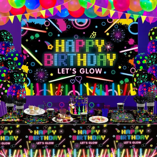 Glow Neon Party Supplies Neon Glow Plate Set Neon Balloon Glow in the Dark Happy Birthday Backdrop Glow Birthday Blacklight Party Decoration Neon Glow Birthday Tableware {4}