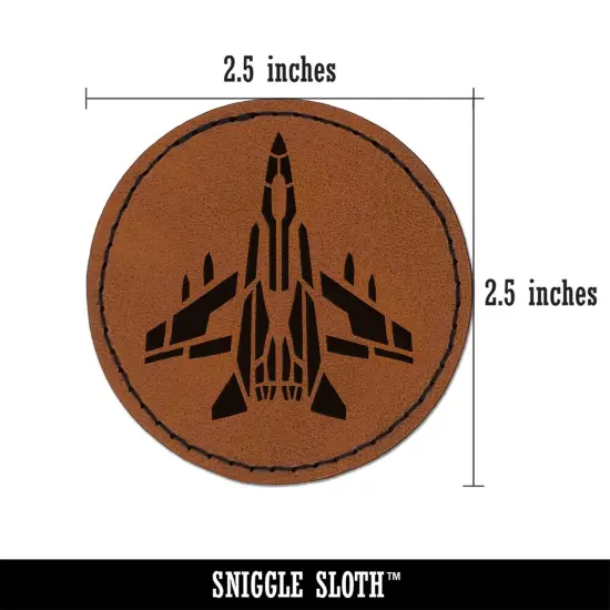Fighter Jet War Plane Combat Vehicle with Missiles Round Iron-On Engraved Faux Leather Patch Applique - 2.5" Brown {3}