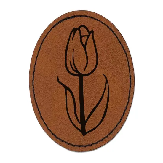 Hand Drawn Tulip Flower Doodle Round Iron-On Engraved Faux Leather Patch Applique - 2.5" Brown {1}