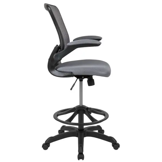 Emma and Oliver Mid-Back Mesh Ergonomic Drafting Chair with Foot Ring and Flip-Up Arms Dark Gray {5}