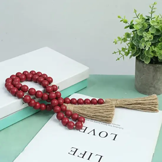 39 inches Wood Bead Garland Farmhouse with Tassels,Versatile Prayer Beads Boho Chic Wall Hanging Home Decor (Burgundy) {5}