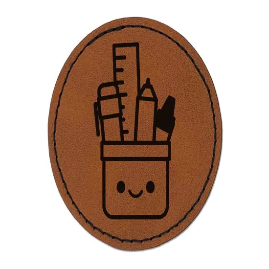 Kawaii Pencil Holder Teacher School Round Iron-On Engraved Faux Leather Patch Applique - 2.5" Brown {1}