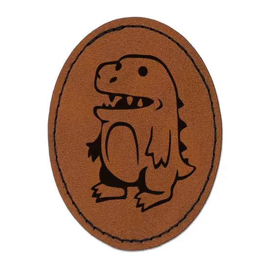 Silly Cartoon Dinosaur Round Iron-On Engraved Faux Leather Patch Applique - 2.5" Brown {1}