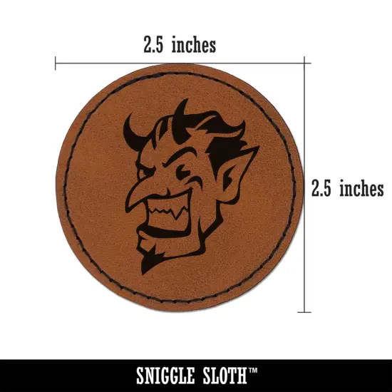 Impish Smiling Devil Demon with Horns Round Iron-On Engraved Faux Leather Patch Applique - 2.5" Brown {3}