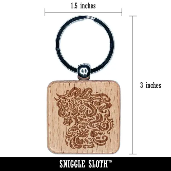 Floral Horse with Flowing Mane Swirls Engraved Wood Square Keychain Tag Charm {2}