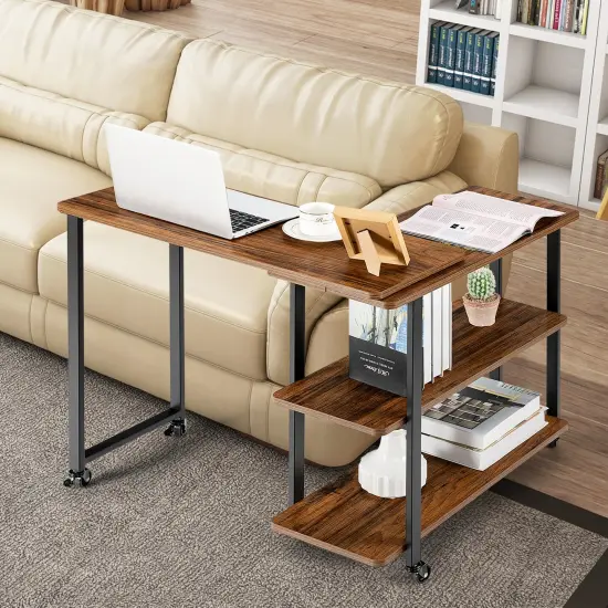 Rotating Sofa Side Table with Wheels Sliding Laptop Desk with Storage Shelves for Small Spaces Brown {6}