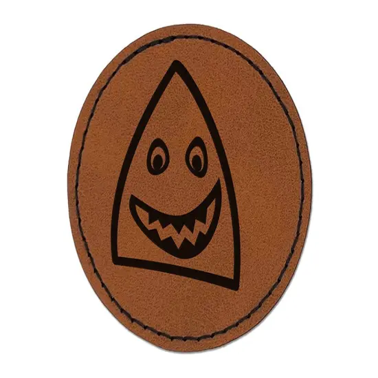 Cheerful Shark Face Round Iron-On Engraved Faux Leather Patch Applique - 2.5" Brown {1}