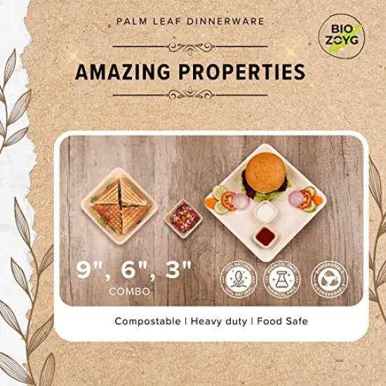 75 Pieces 9 inch & 6 inch & 3 inch Square Combo Plates | Disposable Plates | Like Bamboo plates | Palm leaf Plates for Dinner | Compostable Plates | Picnic Party Plates better than Paper Plates {6}