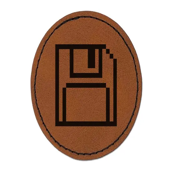 Pixel Save Floppy Disk Icon Round Iron-On Engraved Faux Leather Patch Applique - 2.5" Brown {1}